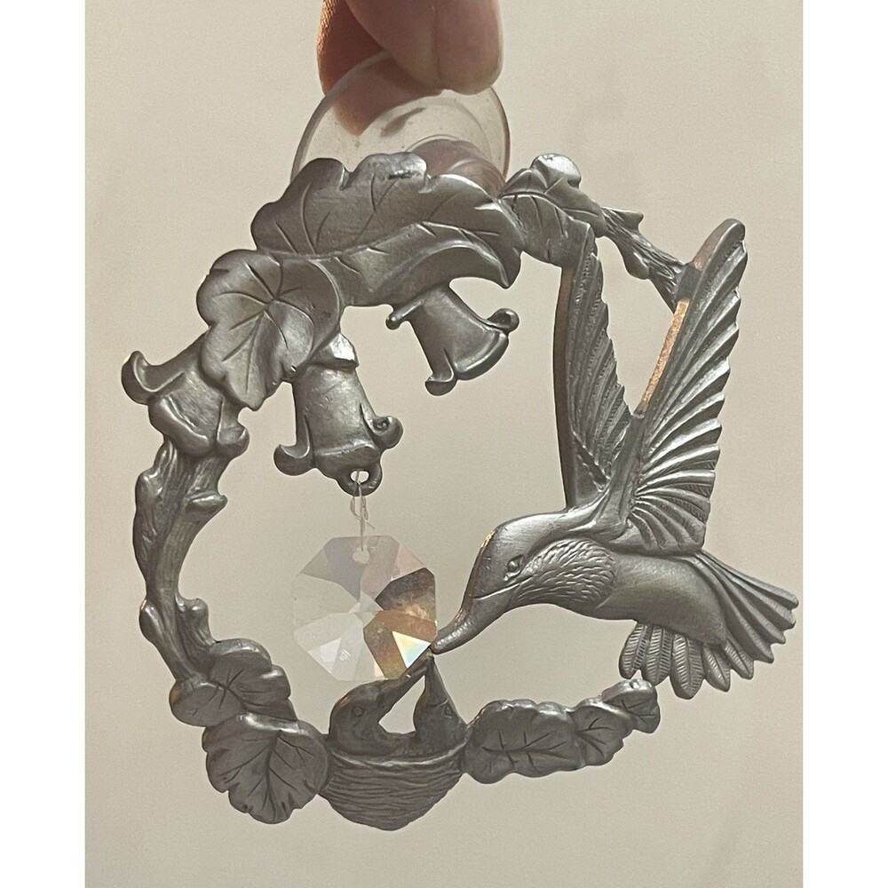 Pewter Hummingbird Window Decor Ornament W Nest Vine Flower Crystal Accent